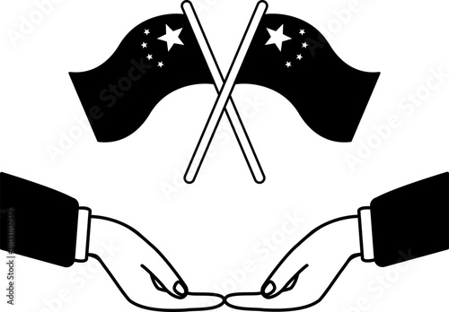 black and white illustration of A pair of hands holding a chinese flag