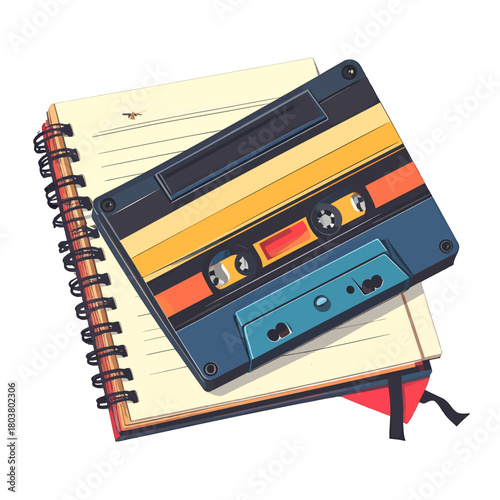 Retro Cassette Tape Resting On A Spiral Bound Notebook With Lined Pages And A Red Ribbon Bookmark
