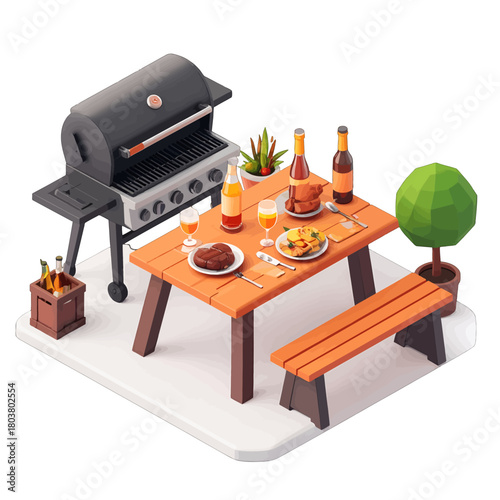 Isometric Outdoor Barbecue Scene with Grill Table and Bench Amidst Greenery and Drinks