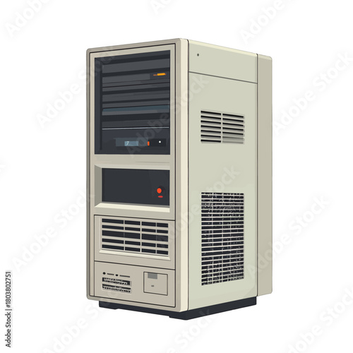 Vintage Pixelated Computer Tower with Multiple Drives and Ventilation Grilles on White Background