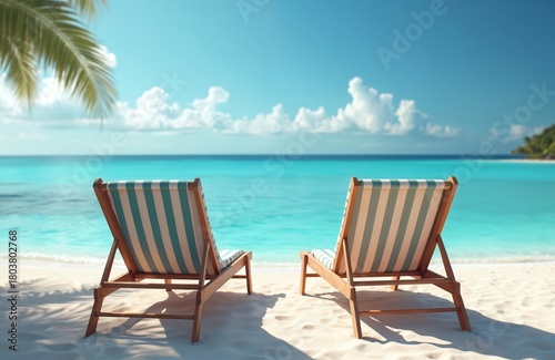 Two empty deck chairs face the clear blue ocean on a sunny tropical beach. Palm fronds cast shadows on white sand. Gentle waves lap at the shore under a bright sky.
