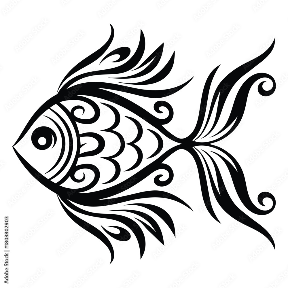 Fototapeta premium Ornate fish swims left with swirling black pattern against a white background