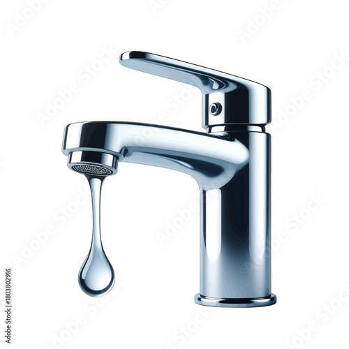 Shiny Chrome Faucet Dripping Water Against a White Background Highlighting a Single Water Droplet and Reflective Metal Surface
