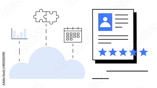 Cloud storage, data analytics, calendar planning, user profile, and rating system interconnected. Ideal for technology innovations, digital security, cloud applications, productivity tools data