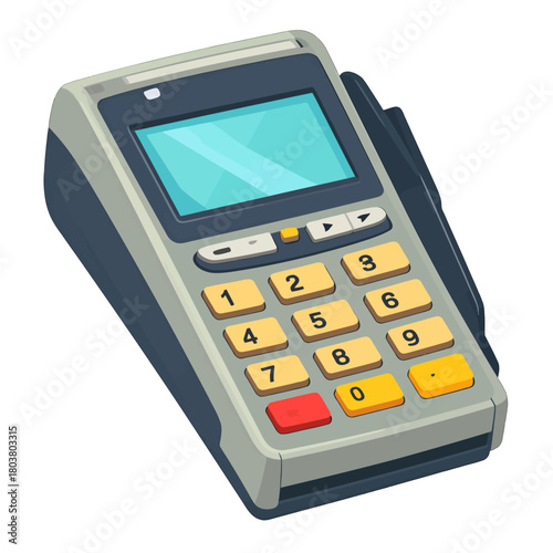 Pixel Art Payment Terminal With Numeric Keypad and Digital Screen Against White Background