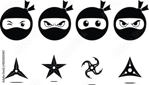 Four stylized black and white ninja faces with different expressions and four ninja weapons below