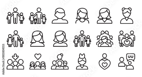 People vector outline icons representing family love recruitment teamwork communication