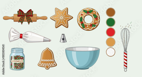 A collection of Christmas baking ingredients and tools, including gingerbread cookies, icing, sprinkles, and a rolling pin.