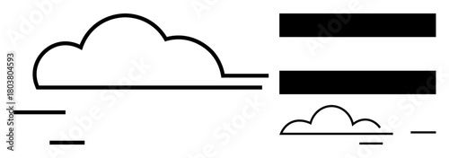 Black-and-white cloud design with horizontal bars suggesting data flow, storage, and digital communication. Ideal for technology, data management, cloud computing, innovation, minimalism, networking