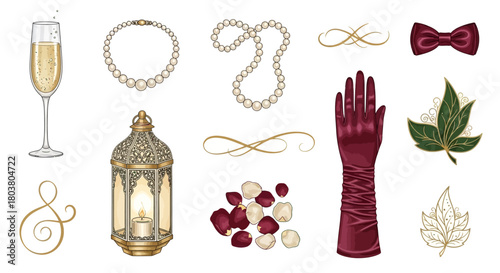 Elegant arrangement of party and wedding elements, including jewelry and drinks.