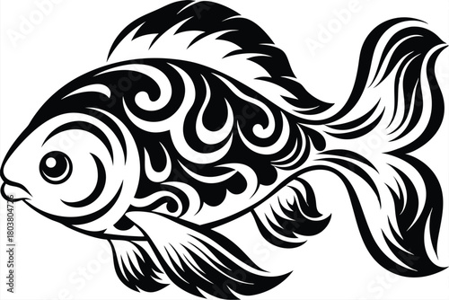 Ornate goldfish rendered in detailed black and white art swim elegantly on display