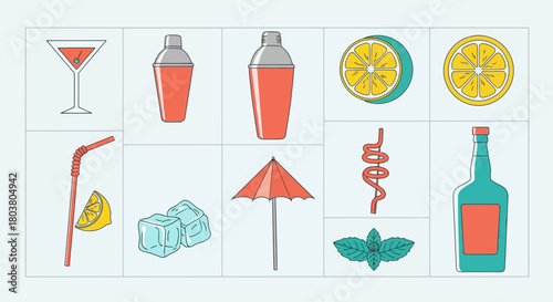 A collection of flat design icons representing cocktail ingredients and bar tools.