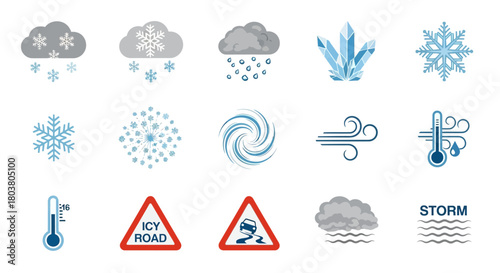 Collection of flat design icons representing cold weather, snow, storms, and icy road conditions.