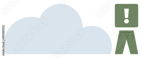 Minimalistic design featuring a blue cloud, an exclamation mark inside a square, and green pants. Ideal for alert, storage, fashion, efficiency, attention safety simplicity themes. A flat simple