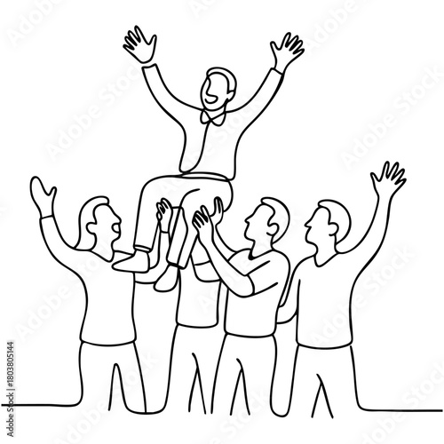 Continuous single line drawing of a team surrounding and lifting a colleague in celebration