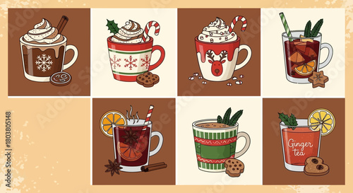 Collection of festive hot drinks for winter holidays, including hot chocolate, mulled wine, and spiced beverages with cookies.