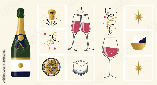 A collection of elegant illustrations featuring a champagne bottle, wine glasses, and festive party elements.