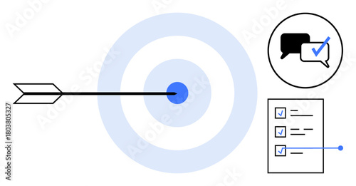 Arrow hitting target center, checklist with checkmarks, and chat bubble with tick. Ideal for goal setting, strategy, planning, communication, productivity, success focus simple flat metaphor