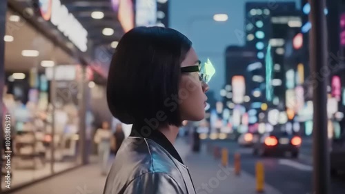 Woman Navigating City Streets with Augmented Reality Glasses and Holographic Interface.
