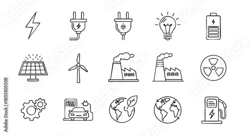 Renewable energy sources and sustainable technology line icons illustration
