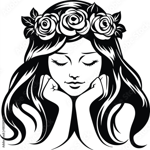 Pensive girl with closed eyes rests chin on hands adorned with monochrome roses