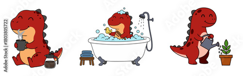 Red Dinosaur Set – Drinking Coffee, Sitting in Bathtub and Watering Plant. Flat Vector Illustration