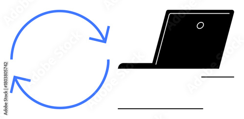 Blue circular arrows denote refresh or update beside a simple laptop icon. Ideal for themes thumbs up technology, progress, update, synchronization, continuity, innovation, minimalism. Simple flat