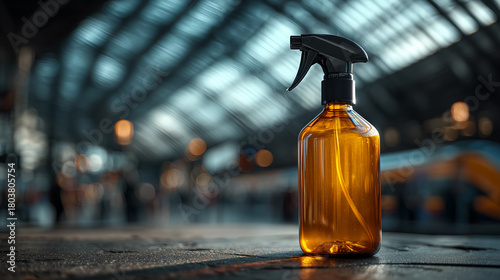 A brown spray bottle with a black nozzle on a surface with blurred background