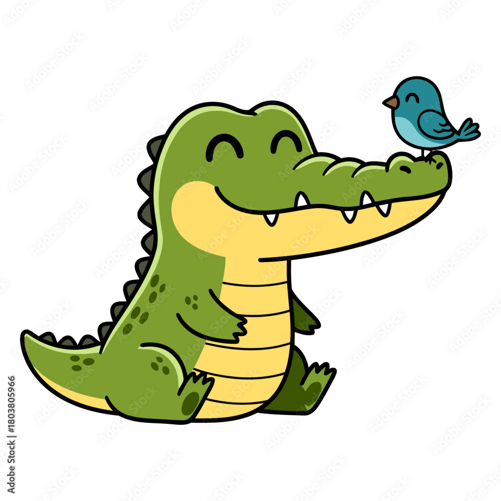 Fototapeta premium Bird Sitting on Crocodile’s Nose. Flat Vector Illustration