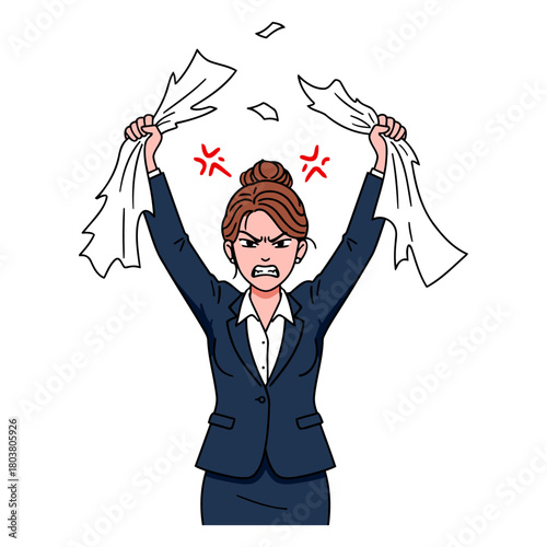 Angry Business Woman Tearing Paper. Flat Vector Illustration