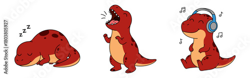 Red Dinosaur Set – Slipping, Roaring and Listening to Music with Earphones. Flat Vector Illustration