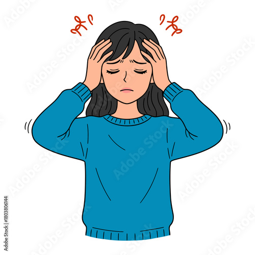 Girl Holding Her Head in Pain. Flat Vector Illustration