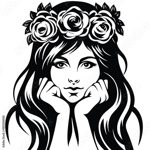 Pensive girl with long hair and a floral crown rests her chin