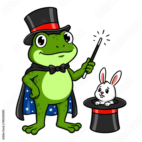 Frog in Magician Costume with Hat and Rabbit Inside. Flat Vector Illustration