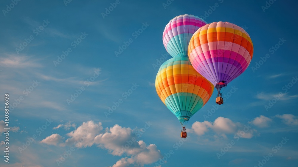 Fototapeta premium Colorful hot air balloons rising in a clear sky during a sunny day, showcasing beautiful shades of orange, blue, and pink