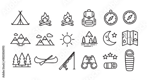 Set of camping and outdoor adventure icons outline style vector illustration