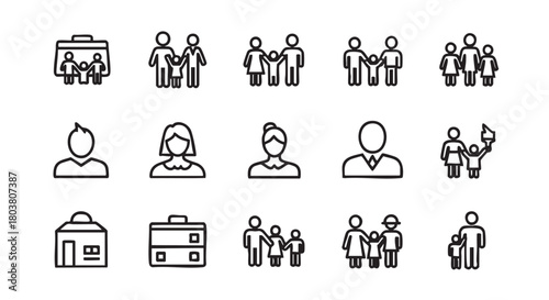 Set of family and business icons depicting various aspects of life