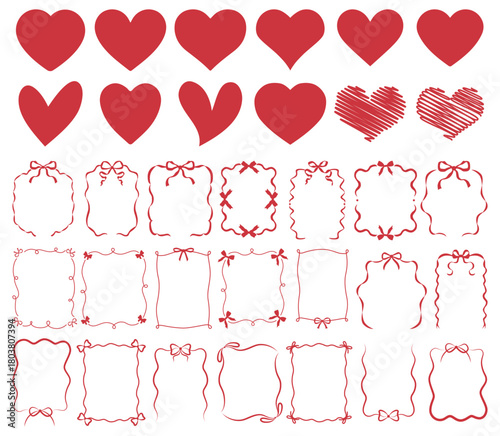 Set of hearts in red color, heart icons set vector, set of hearts different shapes for design. Heart collection. Red Frames, line art. Heart, love, romance hearts. Vector icons. Heart love symbol red