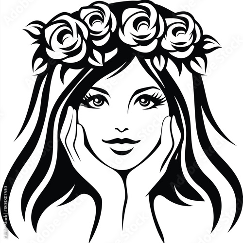 portrait of a beautiful brunette with hands on face and roses crown