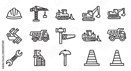 Set of line drawing icons of construction equipment and tools