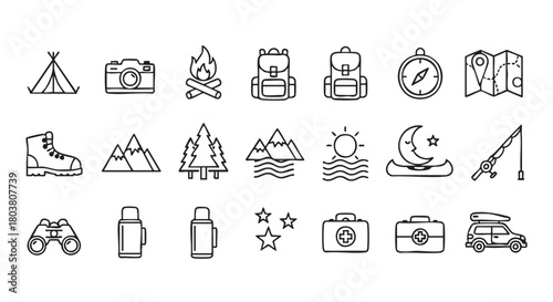 Set of outdoor adventure and camping line icons illustration drawing
