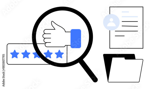 Magnifying glass highlighting thumbs-up and five stars, document with profile icon, and folder. Ideal for feedback, quality control, evaluation, reviews, professional services, performance analysis