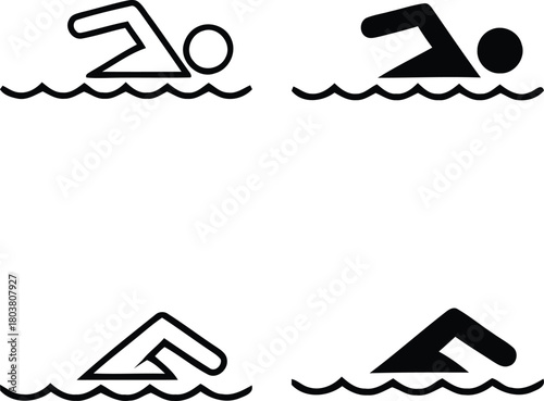 Set of four simple swimming icons showing different strokes and styles