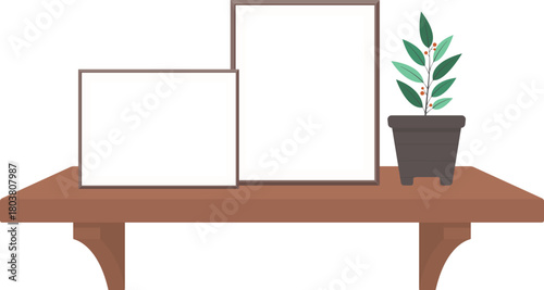 Blank Picture Frame Mockup and Small Potted Plant on a Wooden Wall Shelf