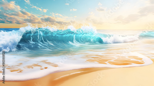 Fototapeta Naklejka Na Ścianę i Meble -  Crashing Ocean Wave on a Sandy Beach at Sunset