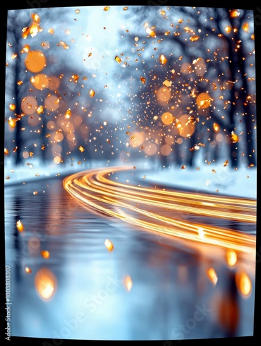 A surreal winter landscape with glowing orange lights and reflections on a wet road, creating a dreamlike and enchanting atmosphere.