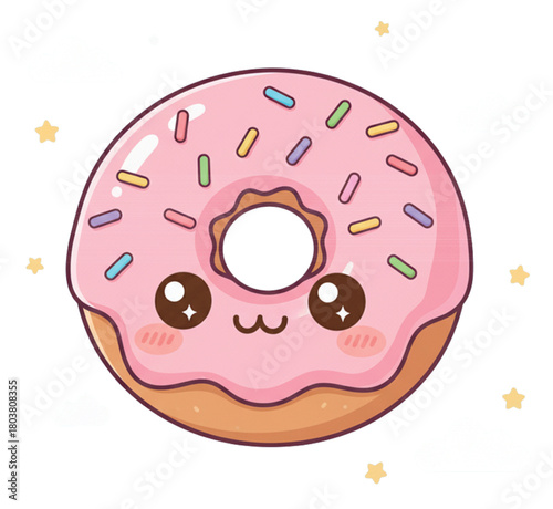 vector donut shape with strawberry jam spread and colourful sprinkles topping looks cute and surrounded by stars