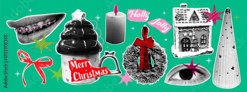 Christmas retro halftone collage set. Lips, bow, mug, candle, wreath, gingerbread house, tree, eye. Dotted texture magazine cutout elements.
