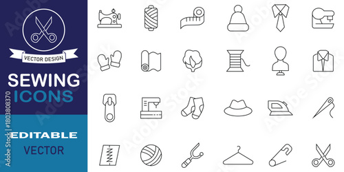 Sewing line icon set. Set of 24 line icons related to sewing, sewing machine, needle, pattern, clothes hanger, textile, clothing, handicraft, knitting and more. Editable vector illustration.