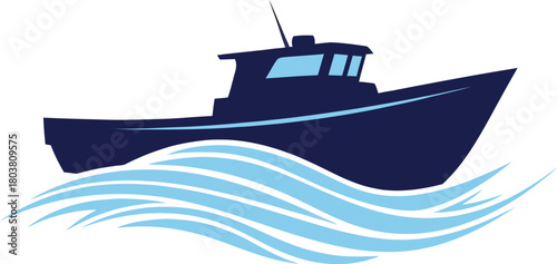 Dark blue fishing boat sailing on stylized light blue ocean waves